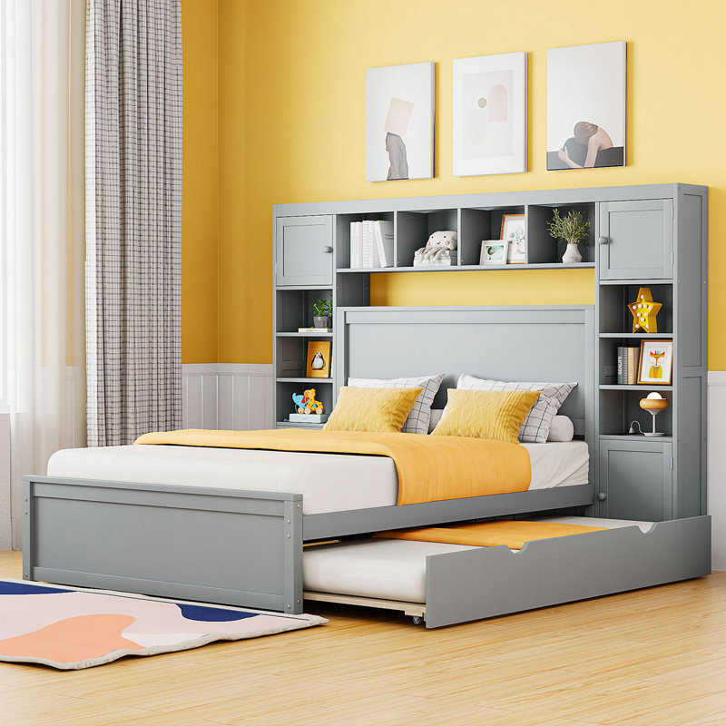 Lit en bois avec armoire tout-en-un, tablette et prises, lit gigogne, Gris