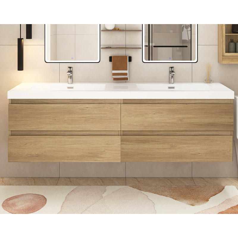 Meuble-lavabo double 70,87 po avec plateau en résine K rafia, Brun