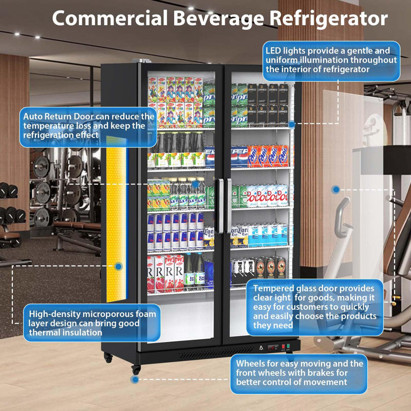Refroidisseur d'étalage vertical pour boissons - Réfrigérateur commercial avec porte vitrée et éclairage à DEL pour la maison, le magasin, la salle de sport ou le bureau - Portes battantes doubles - 39 pieds cubes Pi.