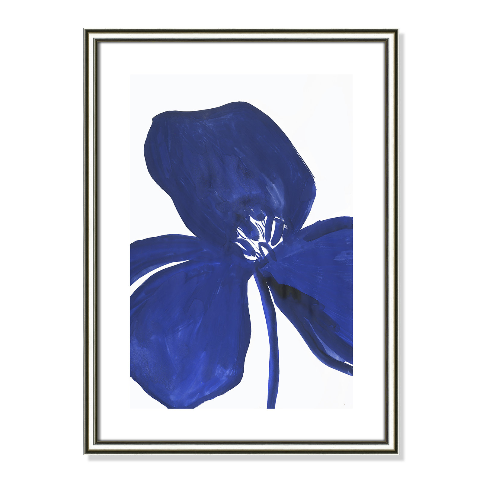 Clarisse "Indigo Petal II" Painting, 24.25" H x 18.25" W x 0.88" D, Silver Framed Paper