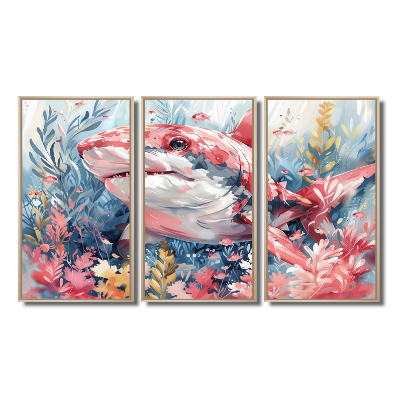Aquarelle de requin rose et gris I - Sharkwall Art Wall Art, ensemble de salon, Toile naturelle avec cadre flottant