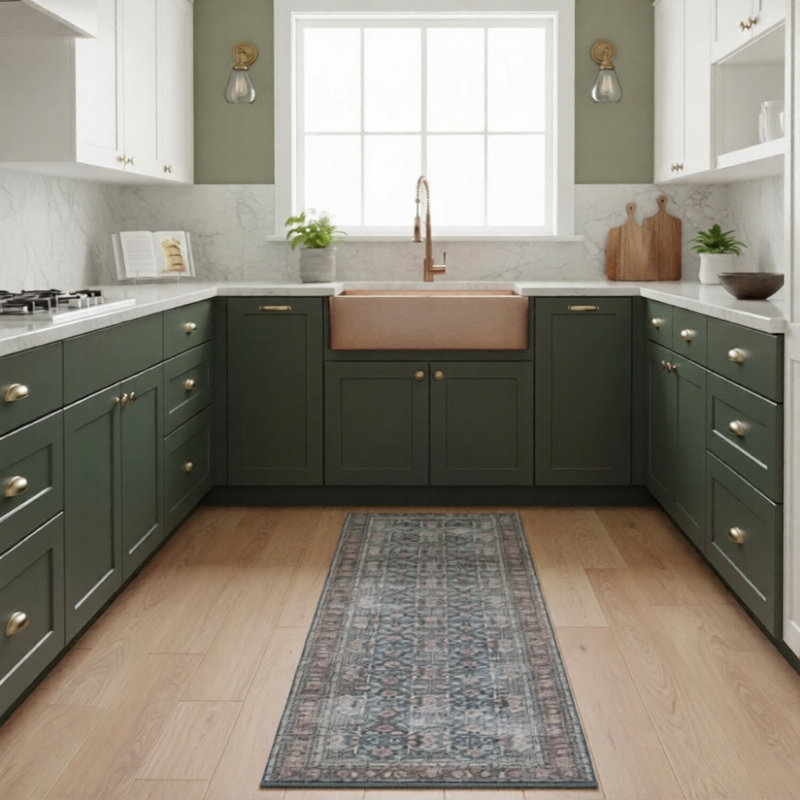 Glenmoor Machine-Washable Vintage Botanical Rod-Iron Area Rug , Runner 2'7" x 10'