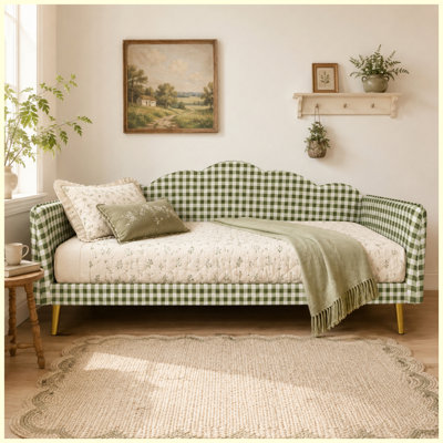 Structure de lit de jour simple rembourré avec plateforme, lit de jour en tissu vichy vert avec tête de lit, accoudoirs latéraux, pieds en métal et support à lattes, aucun sommier nécessaire