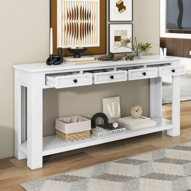 Table d'entrée rustique chic avec tiroirs de rangement et tablette inférieure dans la console de couloir blanc antique