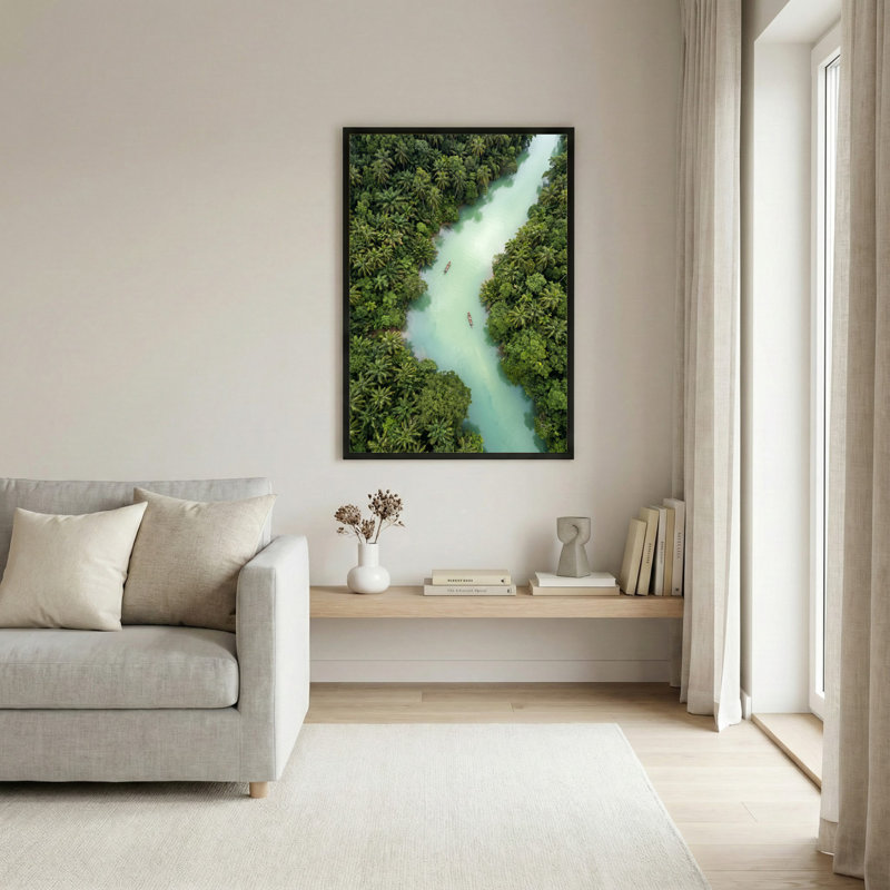 Art mural sur toile noir encadré pour le salon, la chambre à coucher, le bureau ou le vestibule - décoration murale décorative avec rivière tropicale