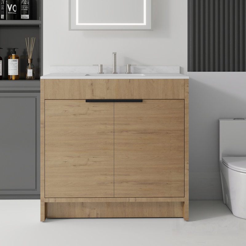 Meuble-lavabo autoportant avec lavabo, porte à fermeture douce, comptoir et dosseret en marbre de culture blanc de Carrare de 0,6 po