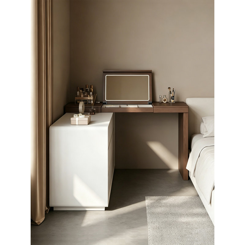 Table de coiffeuse à deux tons avec miroir rabattable et armoire d'appoint