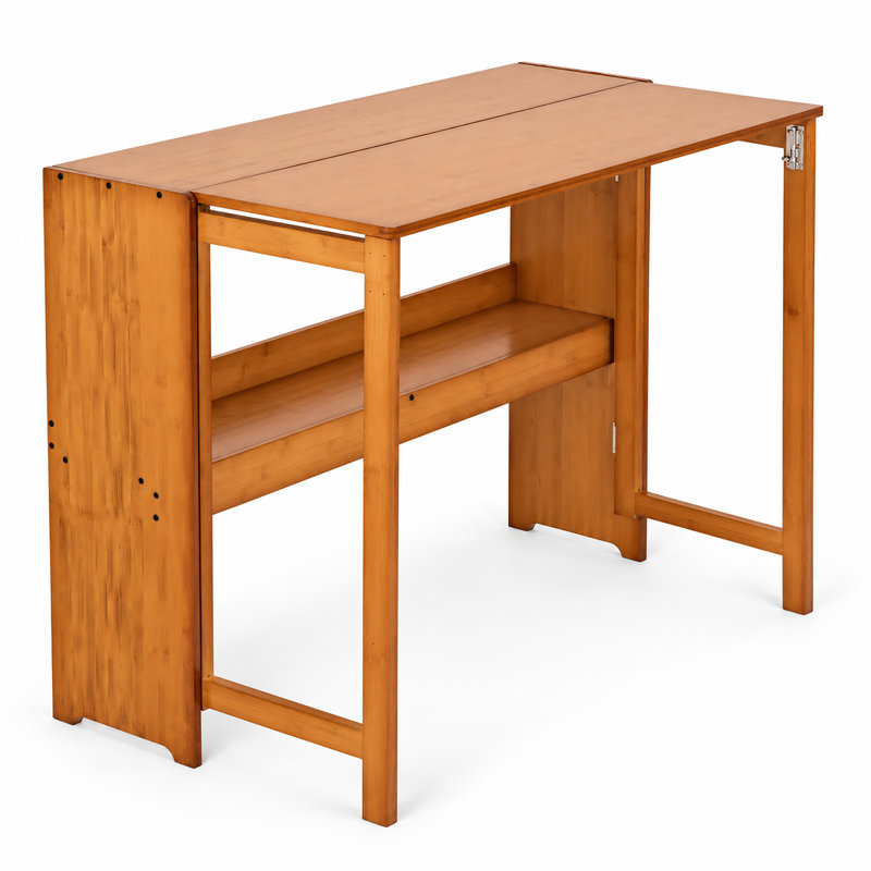 Bureau pliable en bambou massif avec étagères de rangement ouvertes intégrées, poste de travail peu encombrant pour chambre, dortoir, appartement et bureau à domicile, finition marron