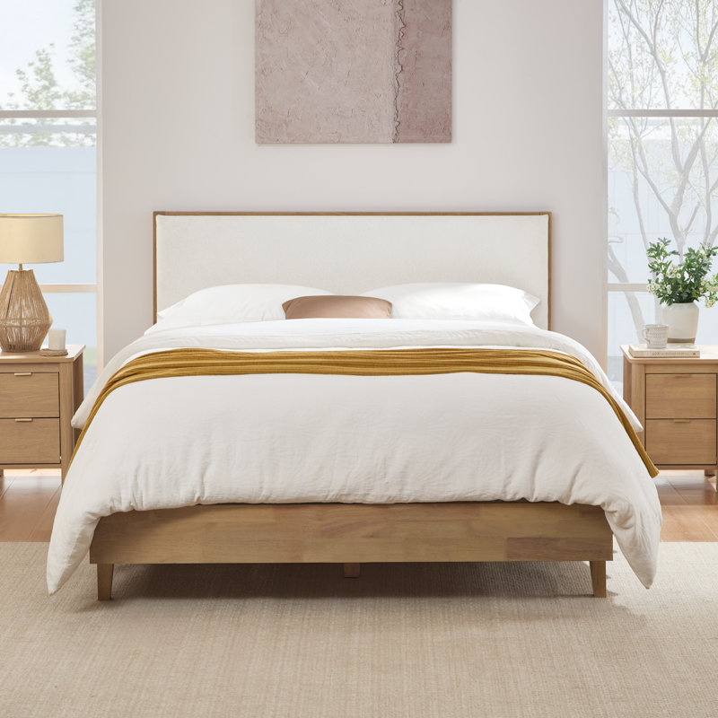 Rezana Solid Wood Boucle Upholstered Headboard Bed Frame, King, Natural