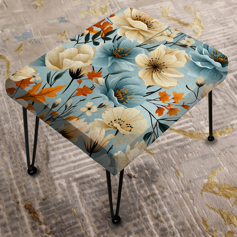 White And Blue Poppy Mosaic Melody - Eclectic Rectangle Ottoman
