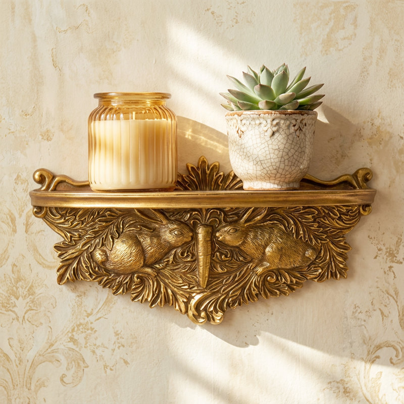 Vintage Ornate Resin Rabbit Manor Baroque Leaf Accent Floating Wall Mounted Shelf - Antique Gold