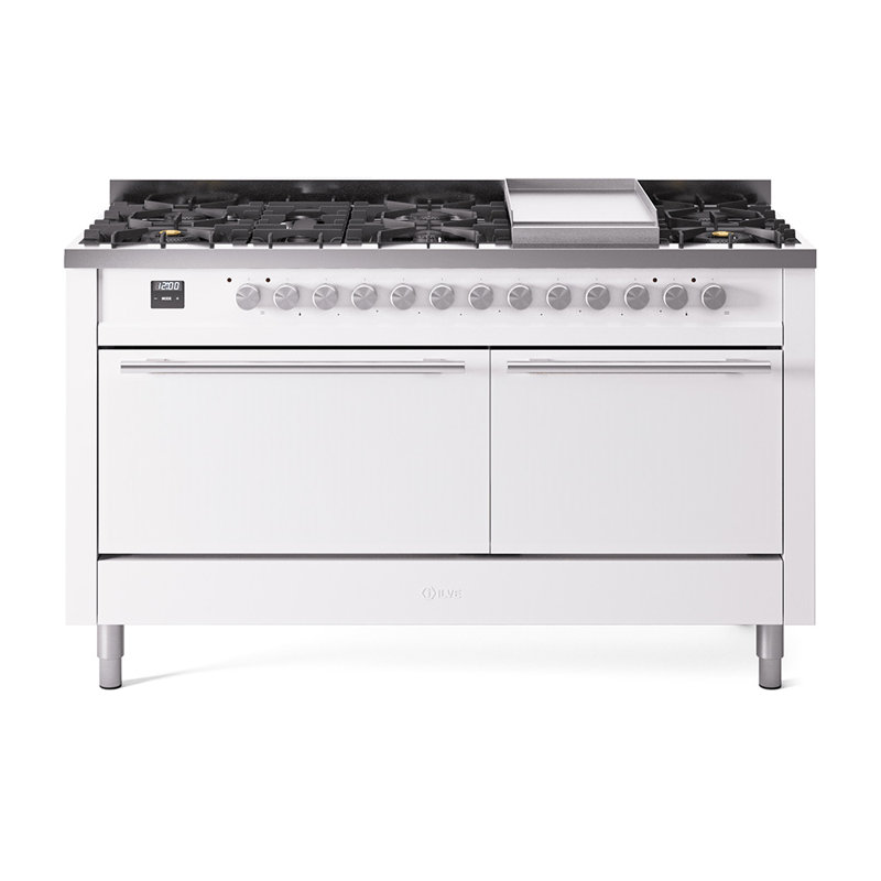 ILVE Professional Plus II 60 in Dual Fuel Range 9 Burner, Griddle, Liquid Propane, White/Stainless Steel