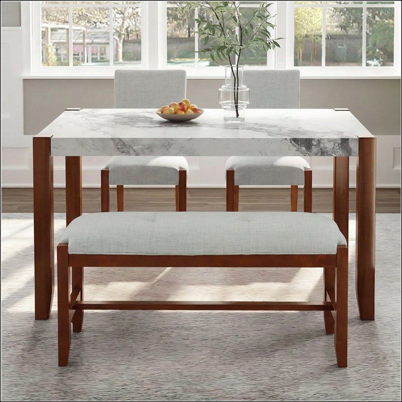 Ensemble de salle à manger 4 pièces avec table en faux marbre, chaises rembourrées et banc, conception peu encombrante pour les salles à manger modernes, gris
