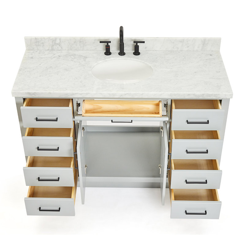 Meuble-lavabo simple en bois massif 54 po avec lavabo en marbre Carrara de 1,5 po Thornaby, Ovale, Gris / noir mat