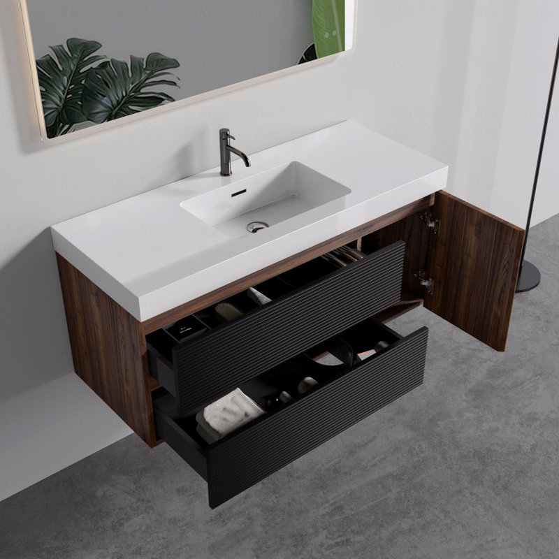 48” Wall-Mounted Bathroom Vanity – Walnut & Black, Glossy White Solid Surface Sink
