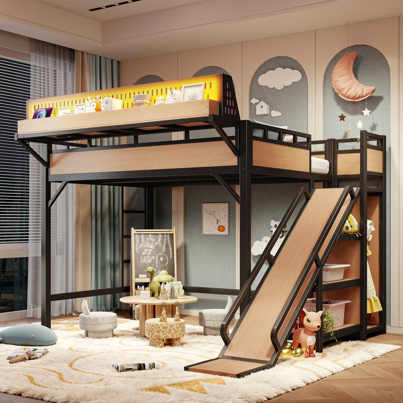 Lit mezzanine double avec tablettes coulissantes AdventureNest, Ful, Natural