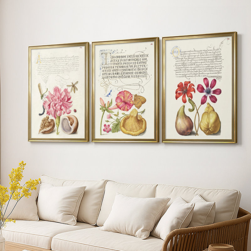 Hoefnagel Tropical Specples VI - Toile tendue avec châssis sur mesure - 3 pièces, H 21 po x l 30 po, Doré