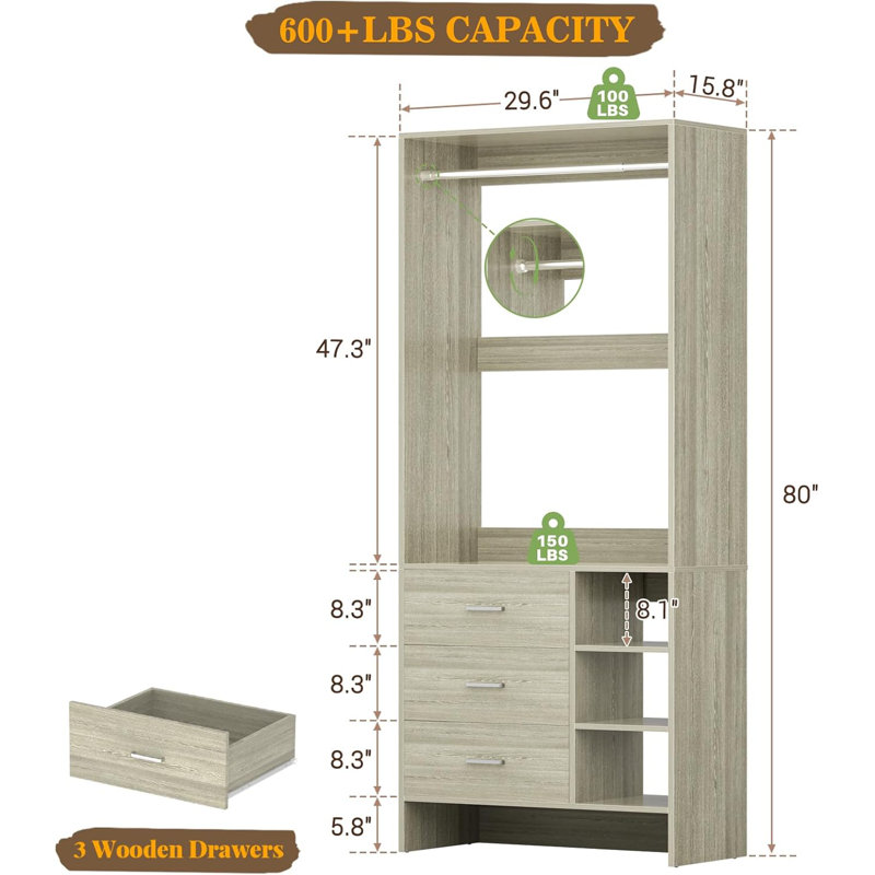 30'' W Closet System with Wooden Drawers, White Oak