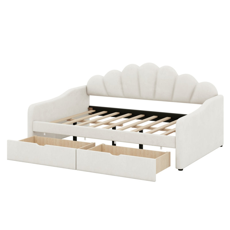 Structure de lit de jour rembourrée à 2 tiroirs avec dossier en forme de coquillage, Beige