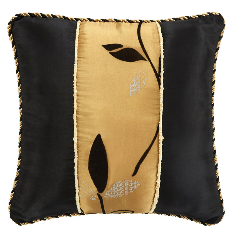 Pastora 7 Piece Short Plush Leaves Print Polyester Comforter Set, Black/Gold, King Comforter + 5 Additional Pieces