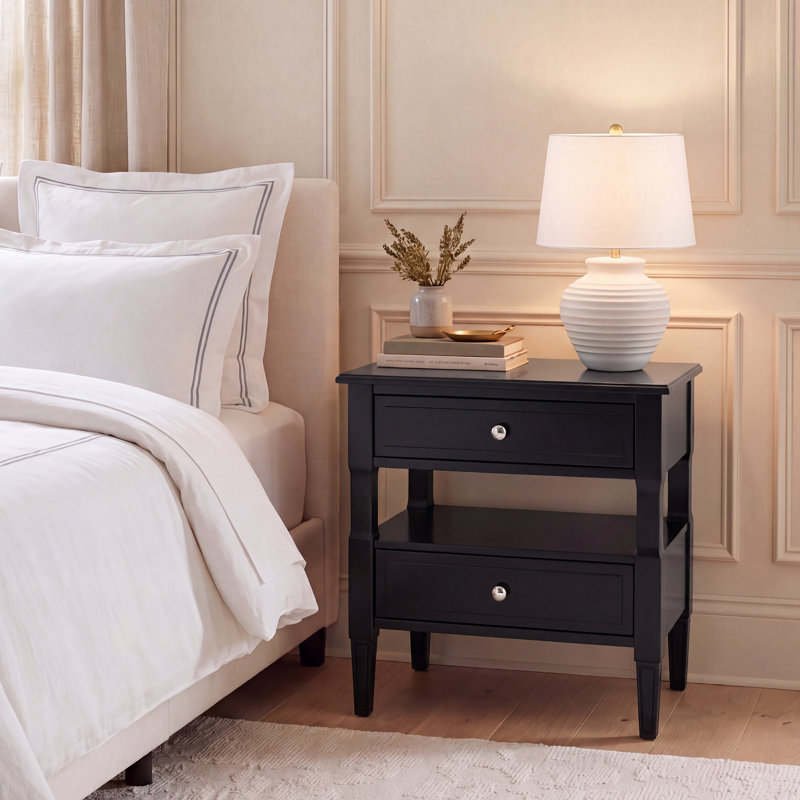 Table de chevet 24 po Laga - table de chambre contemporaine avec 2 tiroirs, quincaillerie argentée et finition neutre, Noir
