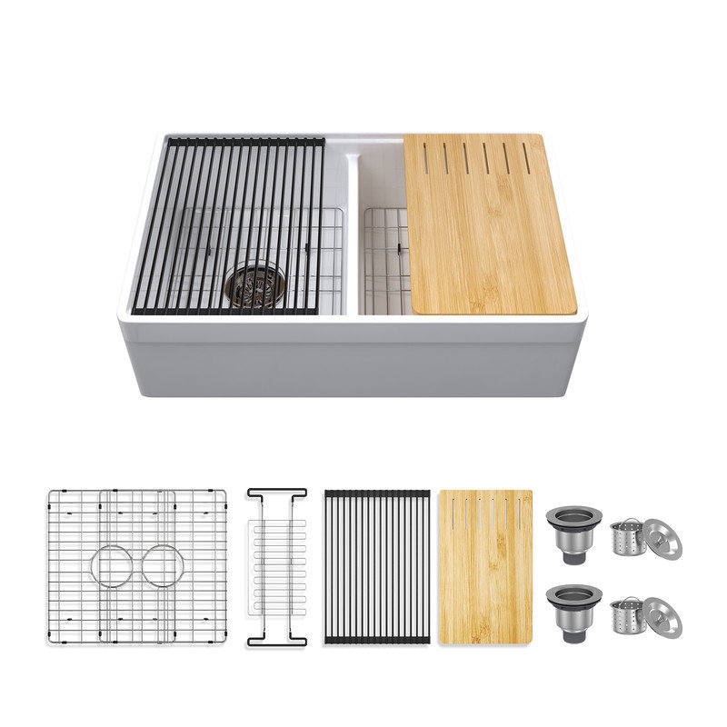 CASAINC 33" L Farmhouse Double Bowl Fireclay Kitchen Sink