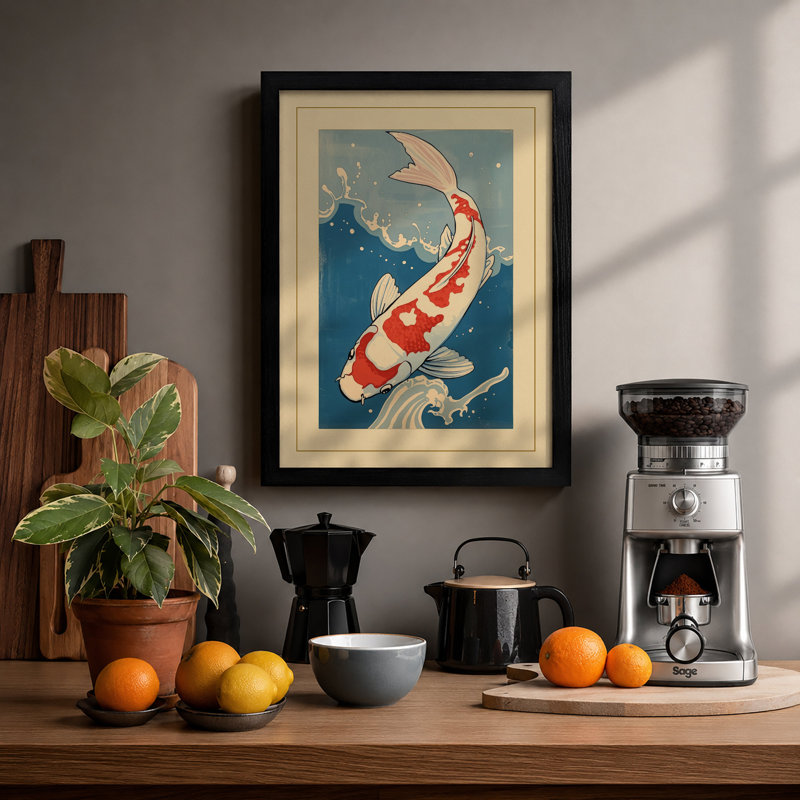 Leaping Koi Japandi - Framed Print, A2 - 59.4 x 42.0 cm, Black