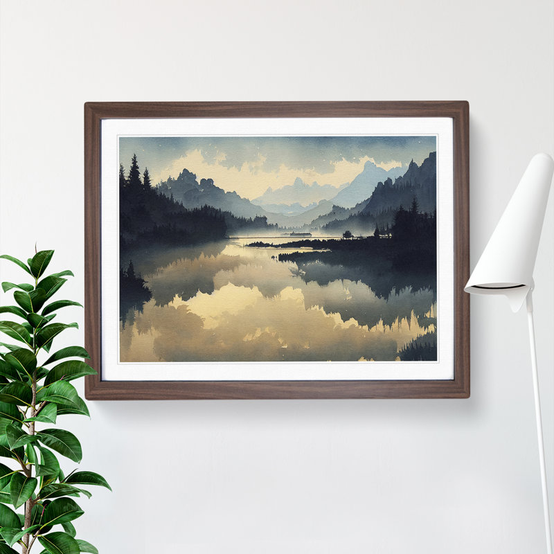 Mysterious Mountain Lake - Single Picture Frame Print, 46cm H x 64cm W x 2cm D, Walnut