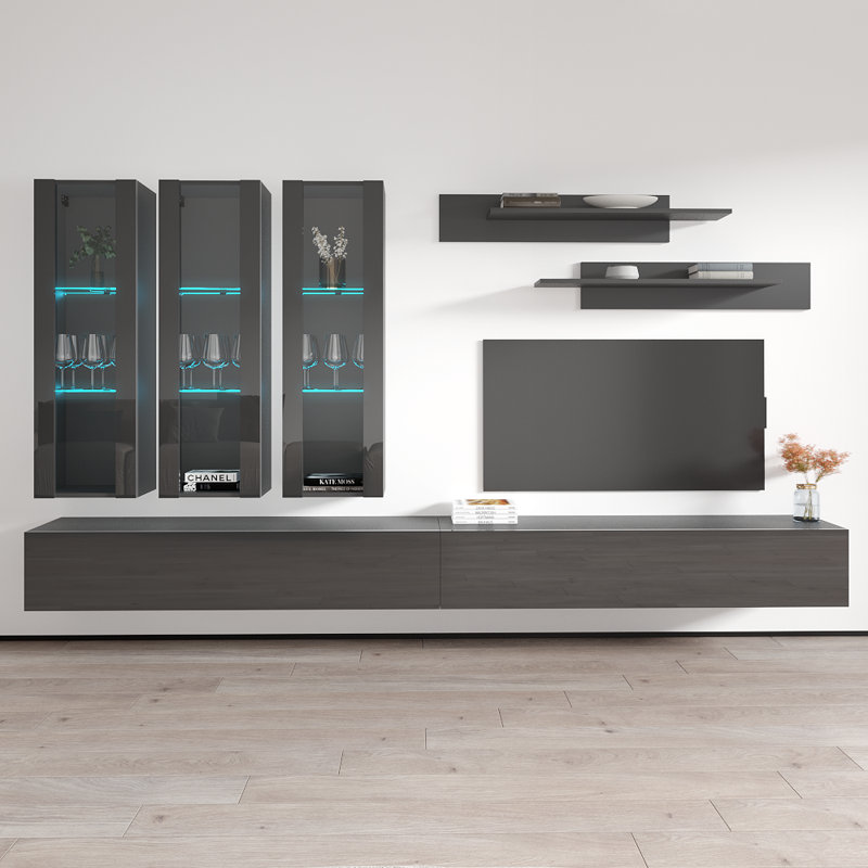 Vredenburgh 126" Modern Floating Wall Mounted Entertainment Center with 16-Color LED Lighting, High Gloss Finish, Gray