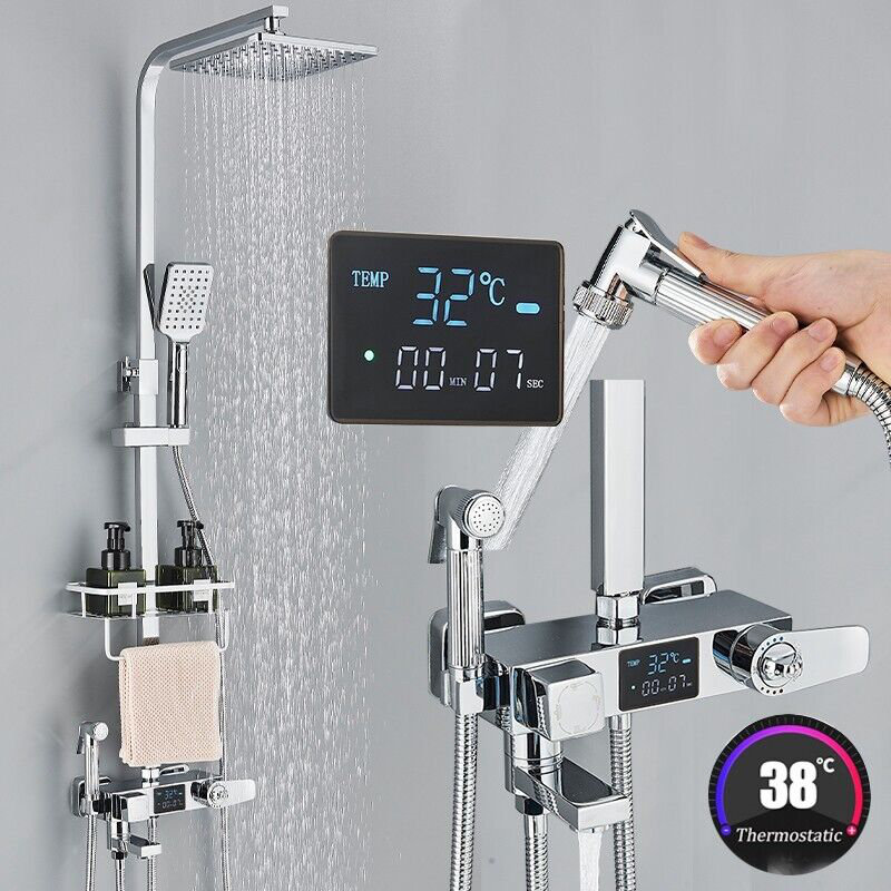 Thermostatic EXposed Bathroom Shower Mixer Twin Head Large Bar Set Square Valve