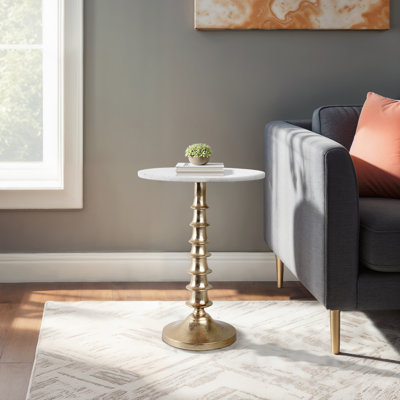Round White Marble Metal Accent Table with Sculpted Base Boho Glam Side Table for Living Room, Bedroom, or Office 22" Gold.