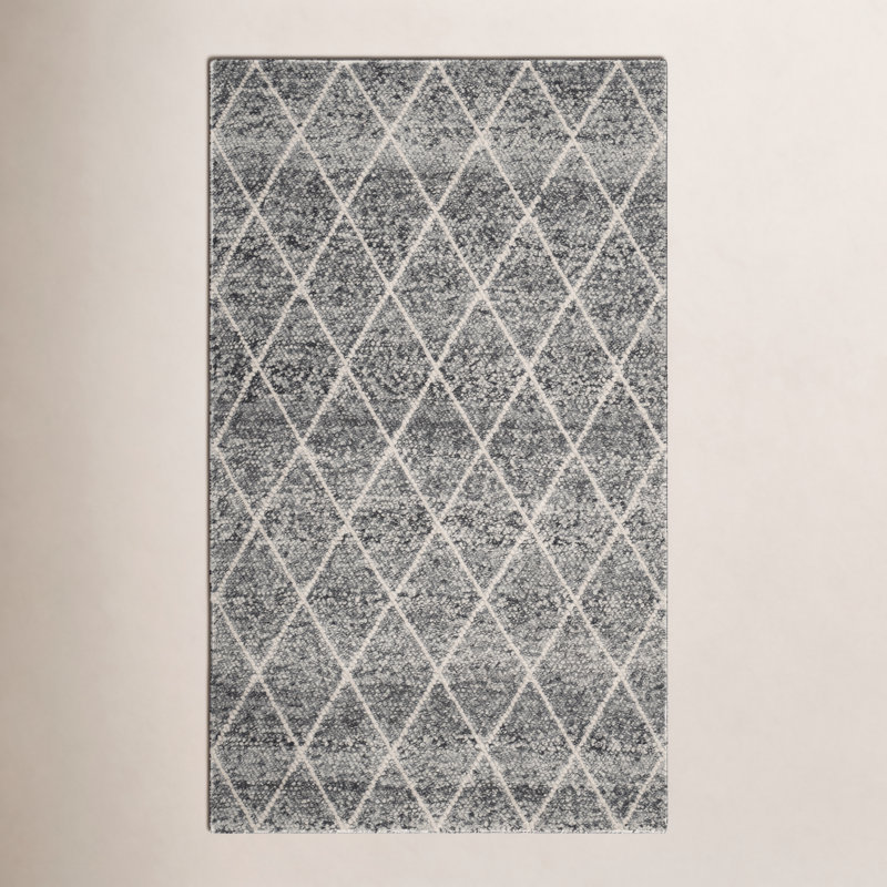 Russo Hand Woven Wool/Cotton Geometric Rug in Ivory/Black, Rectangle 5' x 8'