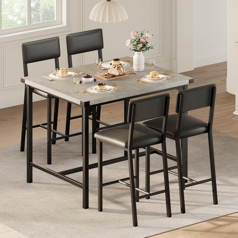 5-Piece Dining Table Set W/Footrest & Backrest, Bar Table Set with 4 Upholstered Chairs, Bar Table and Chairs Set with Corner Protector, for Pub, Dining Room