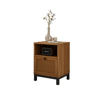 Modern Wood Nightstand With Rattan Door Storage