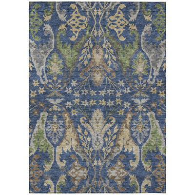 8' X 10' Navy Blue Green And Brown Floral Washable Indoor Outdoor Area Rug
