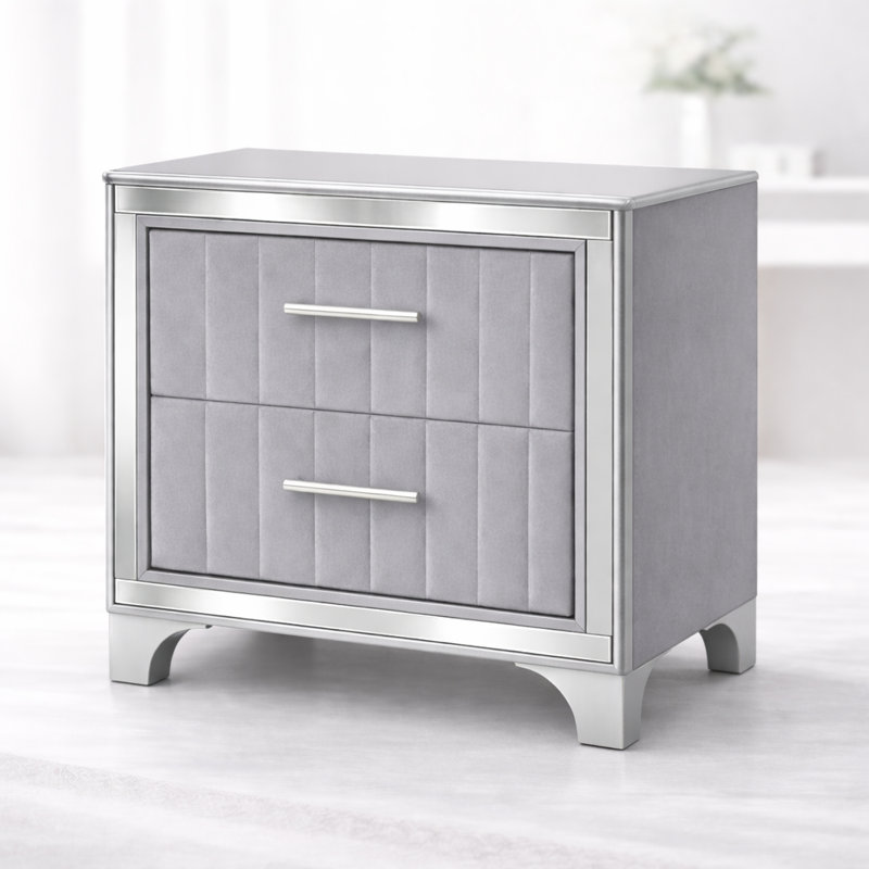 Contemporary Acrylic Nightstand With Two Drawers, Upholstered Bedside Table With Silver Metal Legs