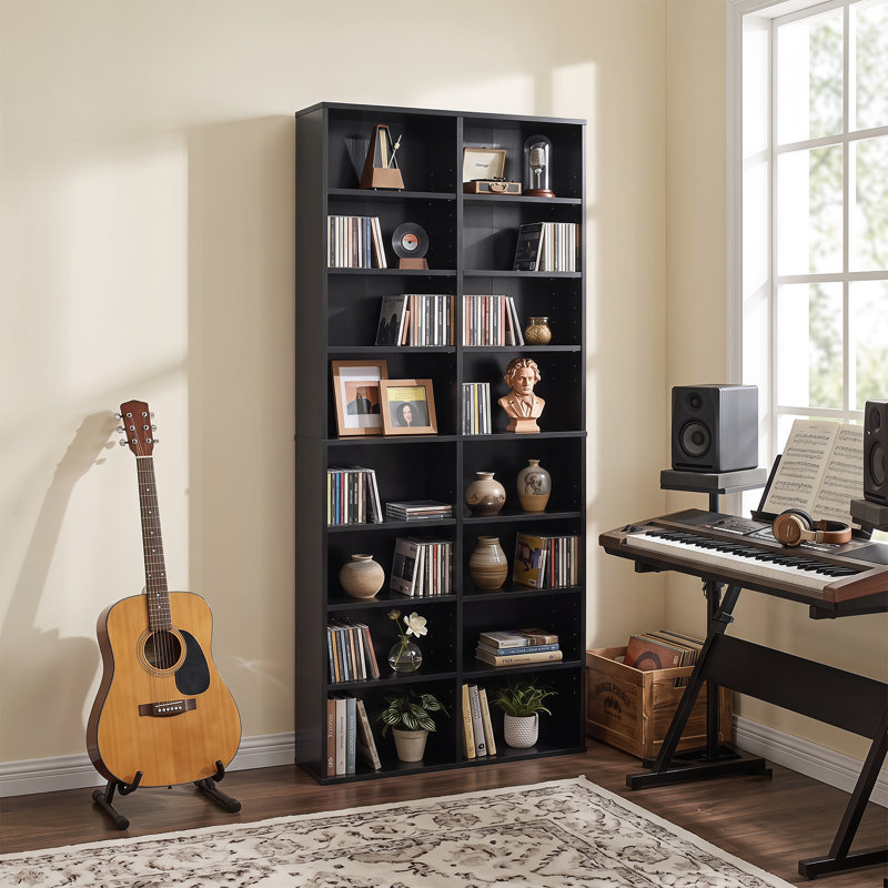 Lot de 2 tablettes de rangement pour CD à 16 compartiments avec 12 tablettes ajustables, noir., Noir