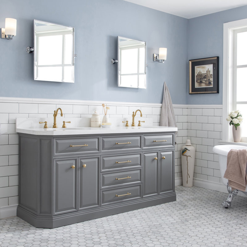 Bruning 72" Carrara Engineered Marble Countertop Bath Vanity with Faucet, Cashmere Gray, Satin Brass Deck Mount, Hook