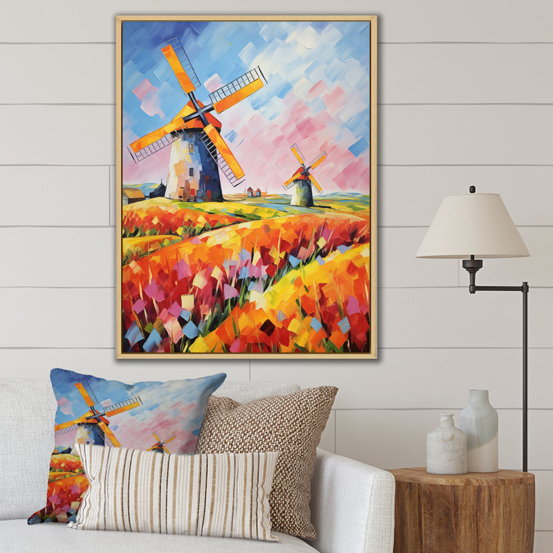 «Colorful Flower Meadow Windmills I - Wind Turbines», art mural, Cadre flottant brun, H 32 po x l 16 po