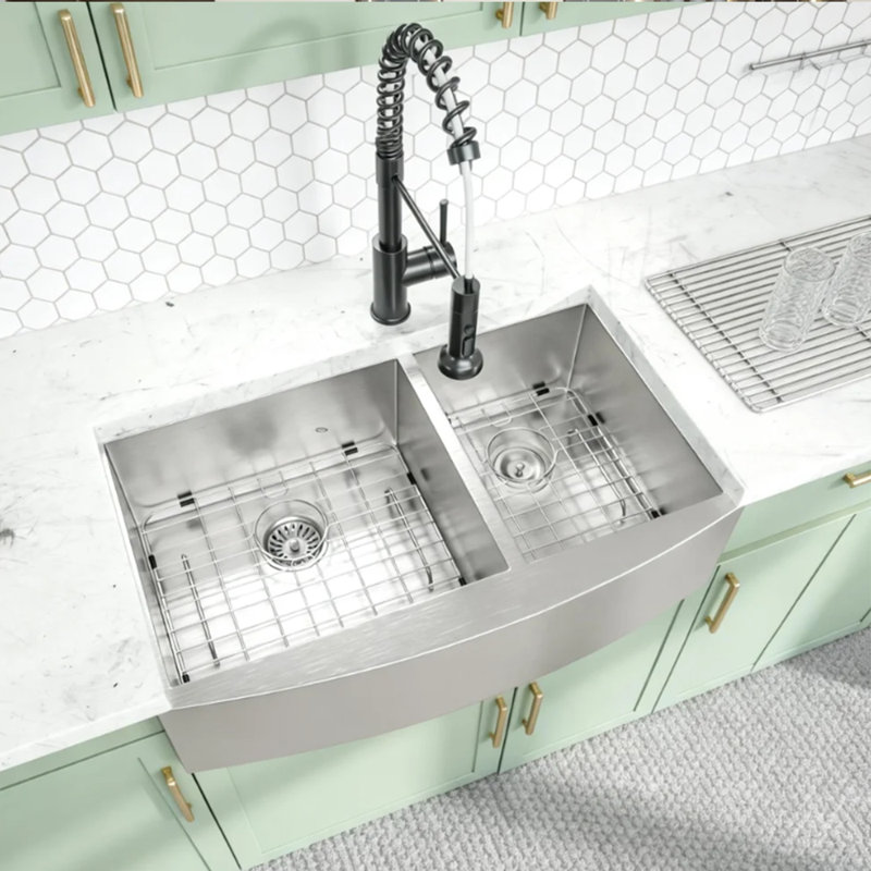 33" L x 20" W Farmhouse Double Bowl 60/40 Undermount Kitchen Sink 16 Gauge Stainless Steel Sink Apron Front