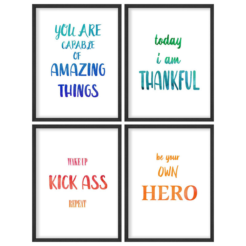 " Positive Affirmation Inspirational Typography Modern Artwork Minimalist Wall Art Decor " 4 - Pieces, 28" H x 22" W, Black