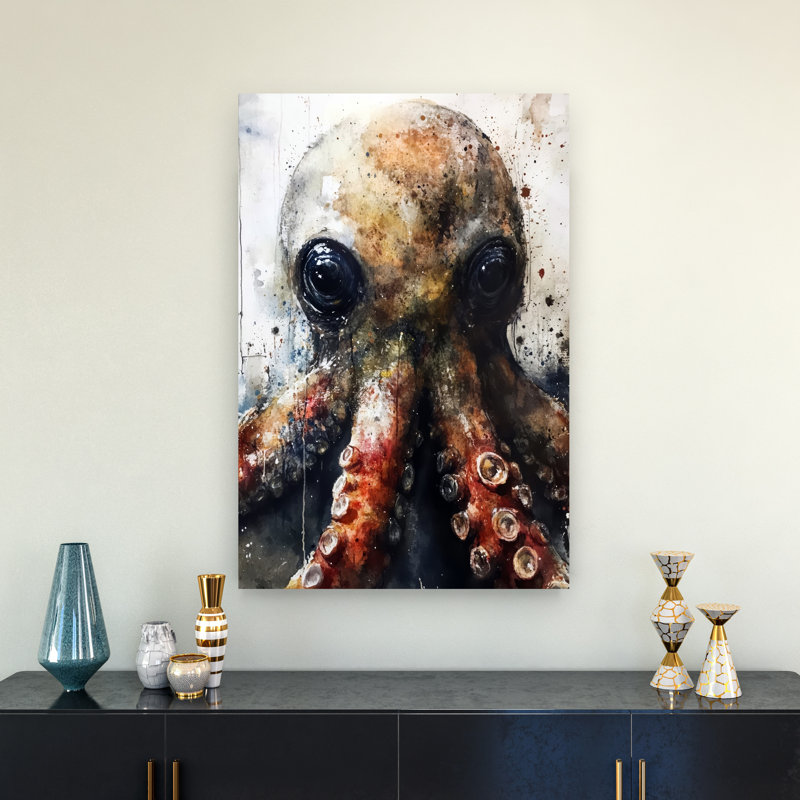 Mysterious Deep Sea Octopus, art mural contemporain, H 36 po x l 24 po