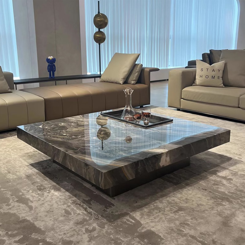 Faux Marble Modern Square 42" Coffee Tables 2 Legs Cocktail Tables for Living Room, Black, Black