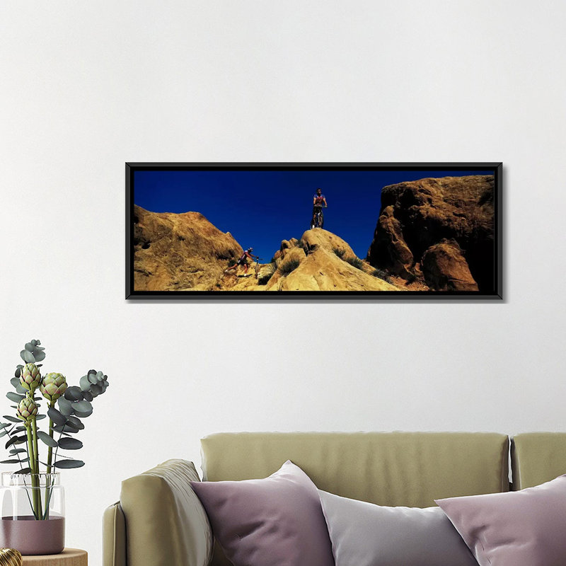 " Mountain Bikers CA USA " by Panoramic Images, 12" H x 36" W x 1.5" D, Black Framed Canvas