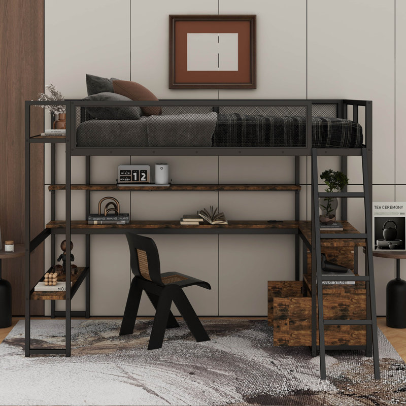 Twin Size Metal Loft Bed With Work Station, LED And Multiple Storage, Black