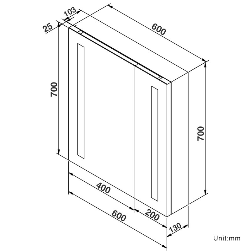 60mm W 70mm H Medicine Cabinet Mirror 3 Adjustable