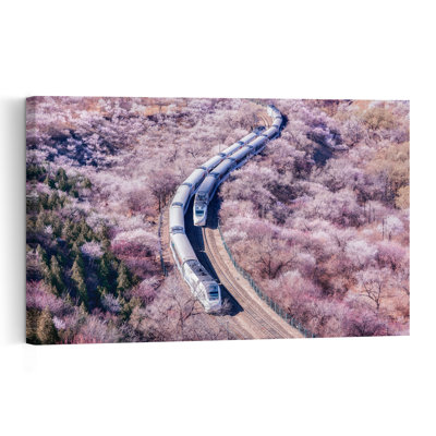 Bullet Train Through Blossoms Modern Abstract Cherry Forest Landscape Wall Art Print