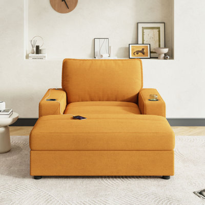 42.8" Oversized Chaise Lounge Chair With Storage Ottoman, Corduroy Sofa Bed With Cup Holders & USB Charging Port, Upholstered Sleeper Chair, Deep - Seat Reading Couch For Living Room, Bedroom