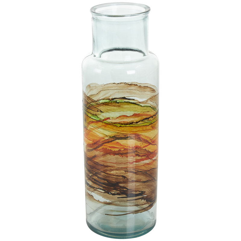 Donsha Recycled Glass Abstract Decorative Clear Vase with Swirled Colored Glass Bands, Clear, 17.65"H x 5.7"W x 5.75"D