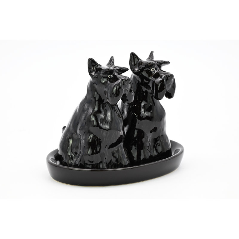 Salière et poivrière terrier écossais noir et plateau en céramique noire